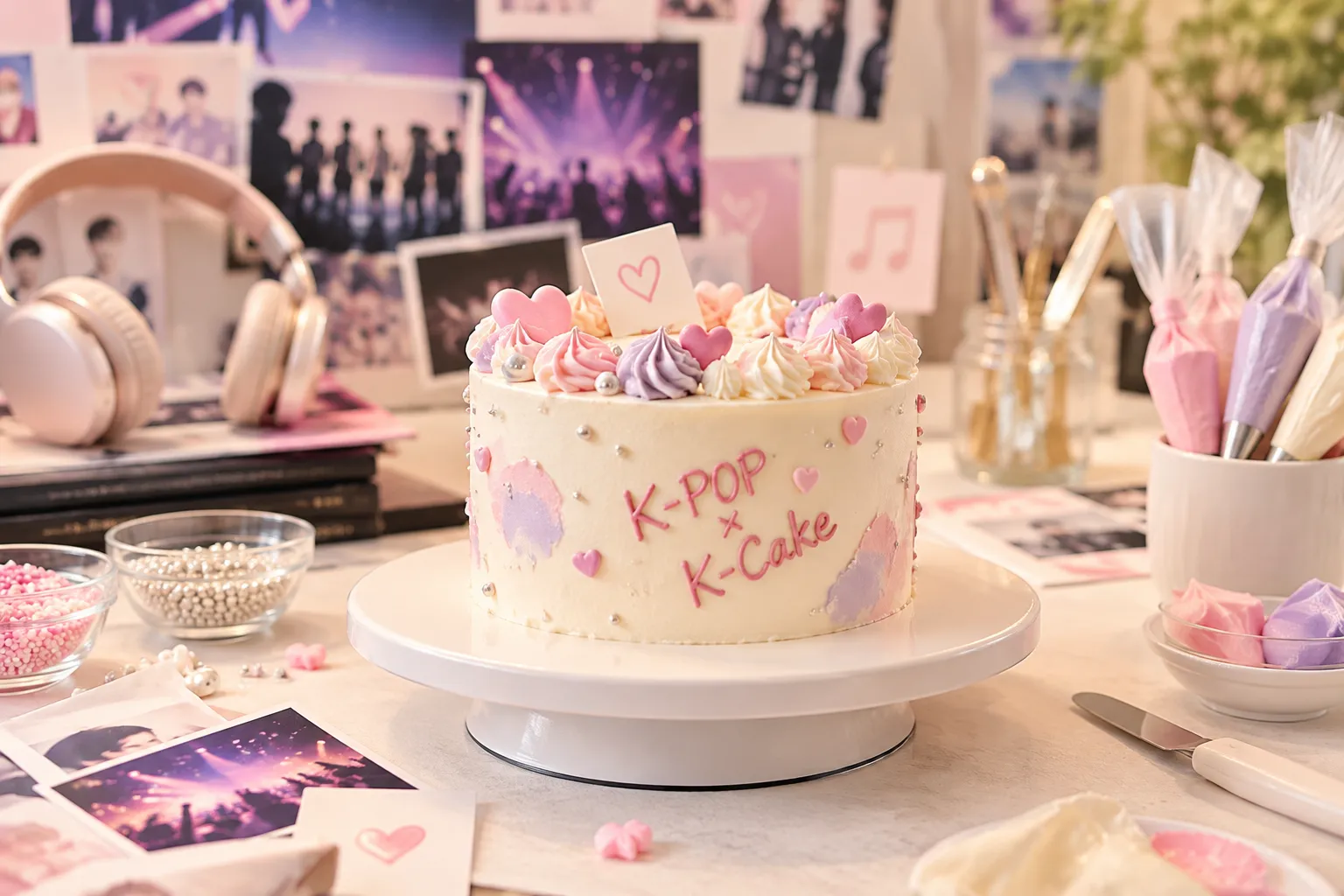 분홍과 보라색 크림 장식, 하트와 ‘K-POP × K-Cake’ 글씨를 올린 케이크
